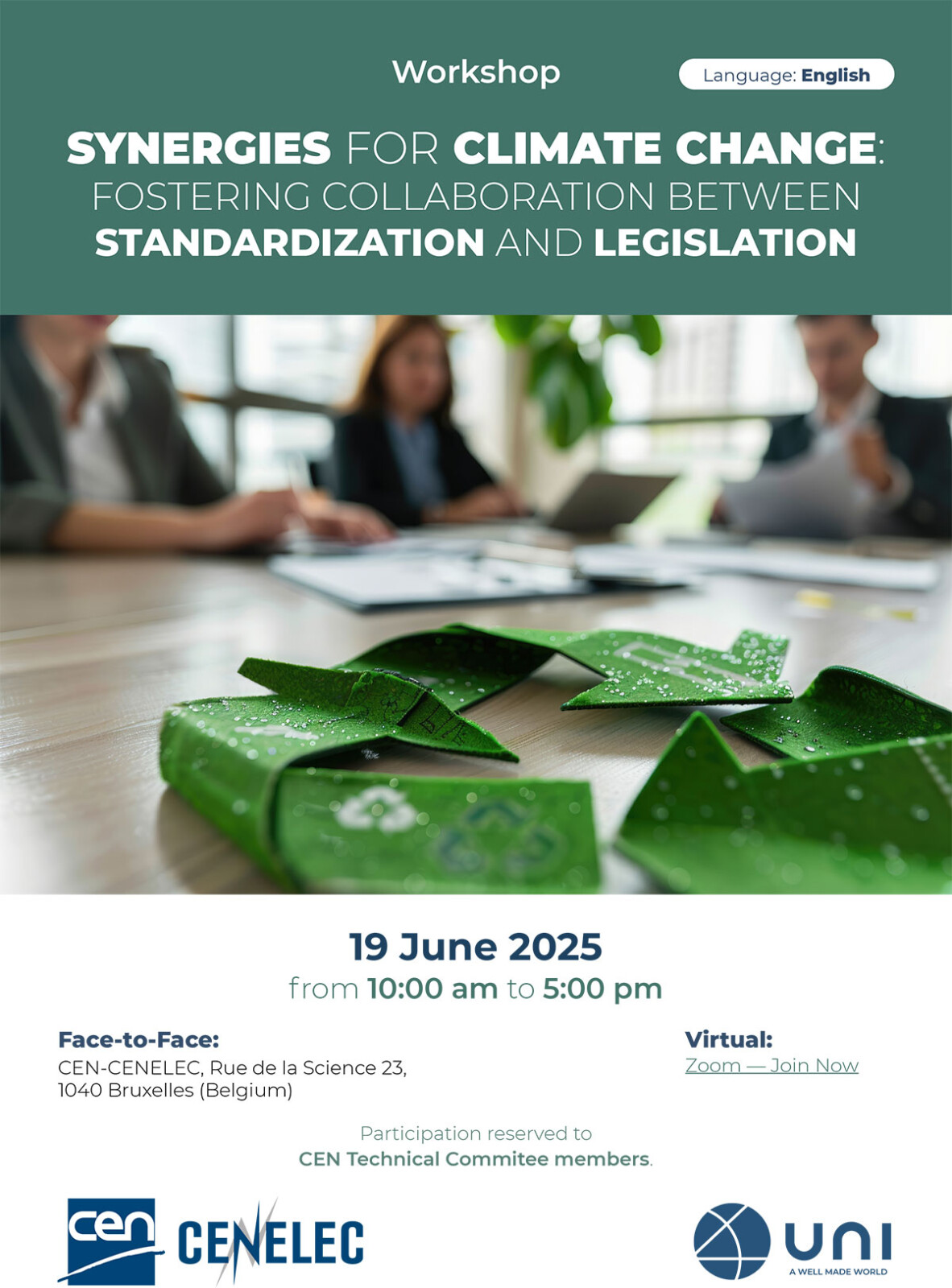 Locandina Workshop "Synergies for climate change: fostering collaboration between standardization and legislation"